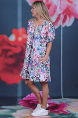 Delwyn Dress Feline Grace by Annah Stretton – side view showing puff sleeves with elasticated cuffs and pocket detail