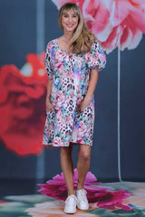 Delwyn Dress Feline Grace by Annah Stretton – full length view of 100% cotton knee length dress in vibrant Feline Grace print