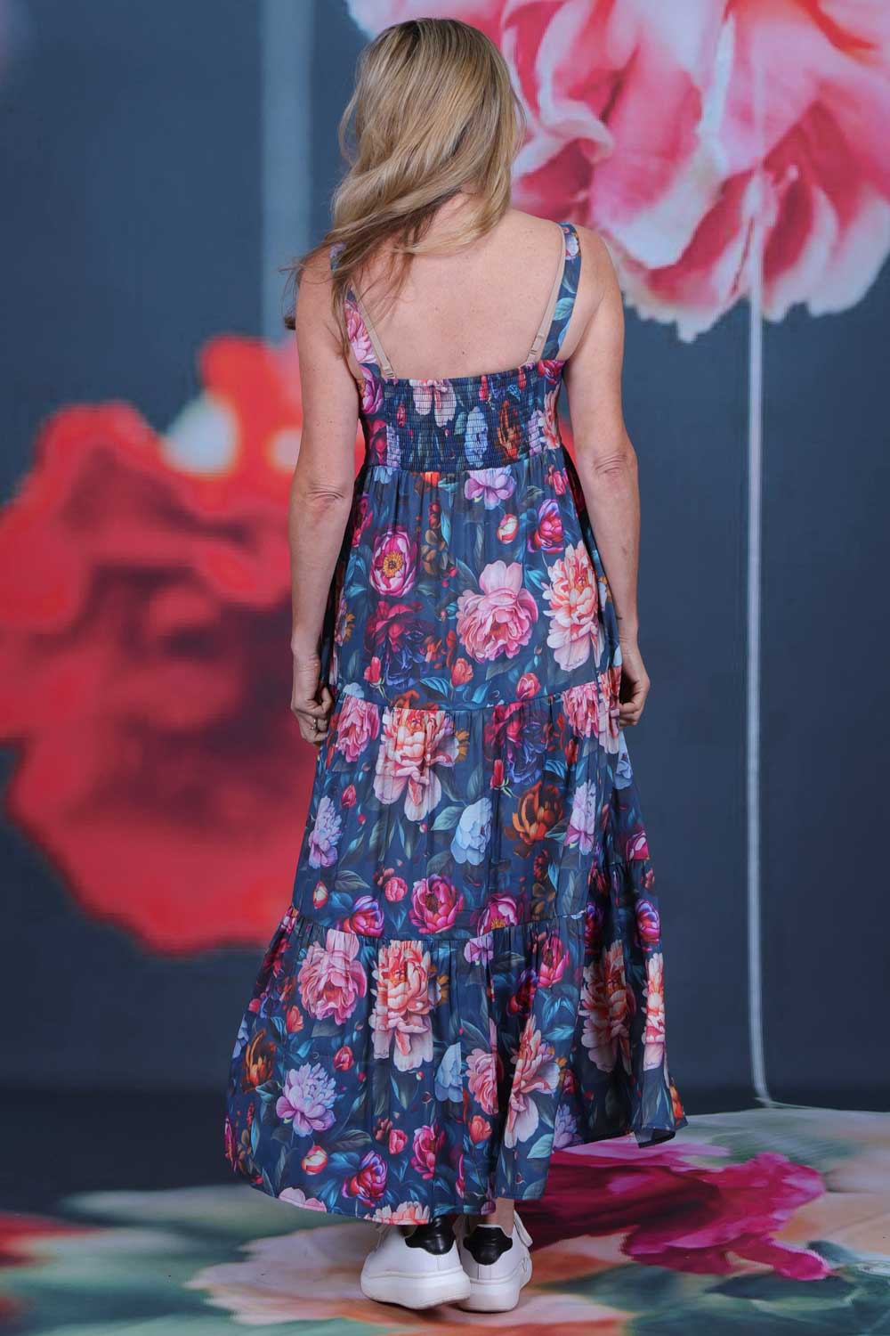 Floral summer maxi dress in navy and pink tones with built in padded bust and relaxed silhouette