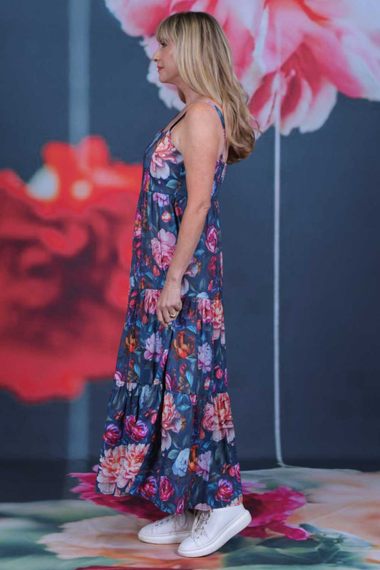 Women's Botanic Beast maxi dress featuring a square neckline, wide straps and tiered skirt