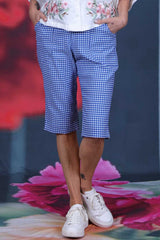 Kaye Capri Blue Check Annah Stretton – front view, cropped capri length, worn on golf course