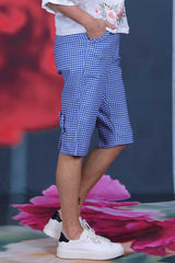 Kaye Capri Blue Check Annah Stretton – close-up of Blue Check print and fabric detail