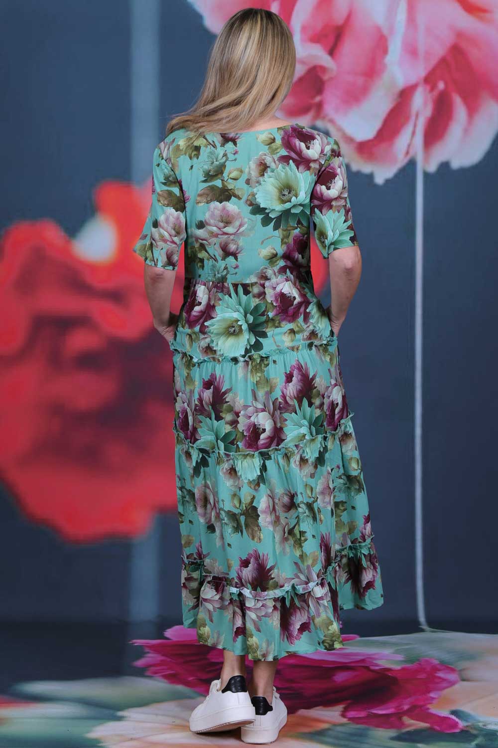 Pretty As A Picture Dress Garden Dragon by Annah Stretton – back view showing short sleeves, side zip closure and tiered ruffle skirt in Garden Dragon print