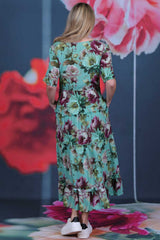 Pretty As A Picture Dress Garden Dragon by Annah Stretton – back view showing short sleeves, side zip closure and tiered ruffle skirt in Garden Dragon print