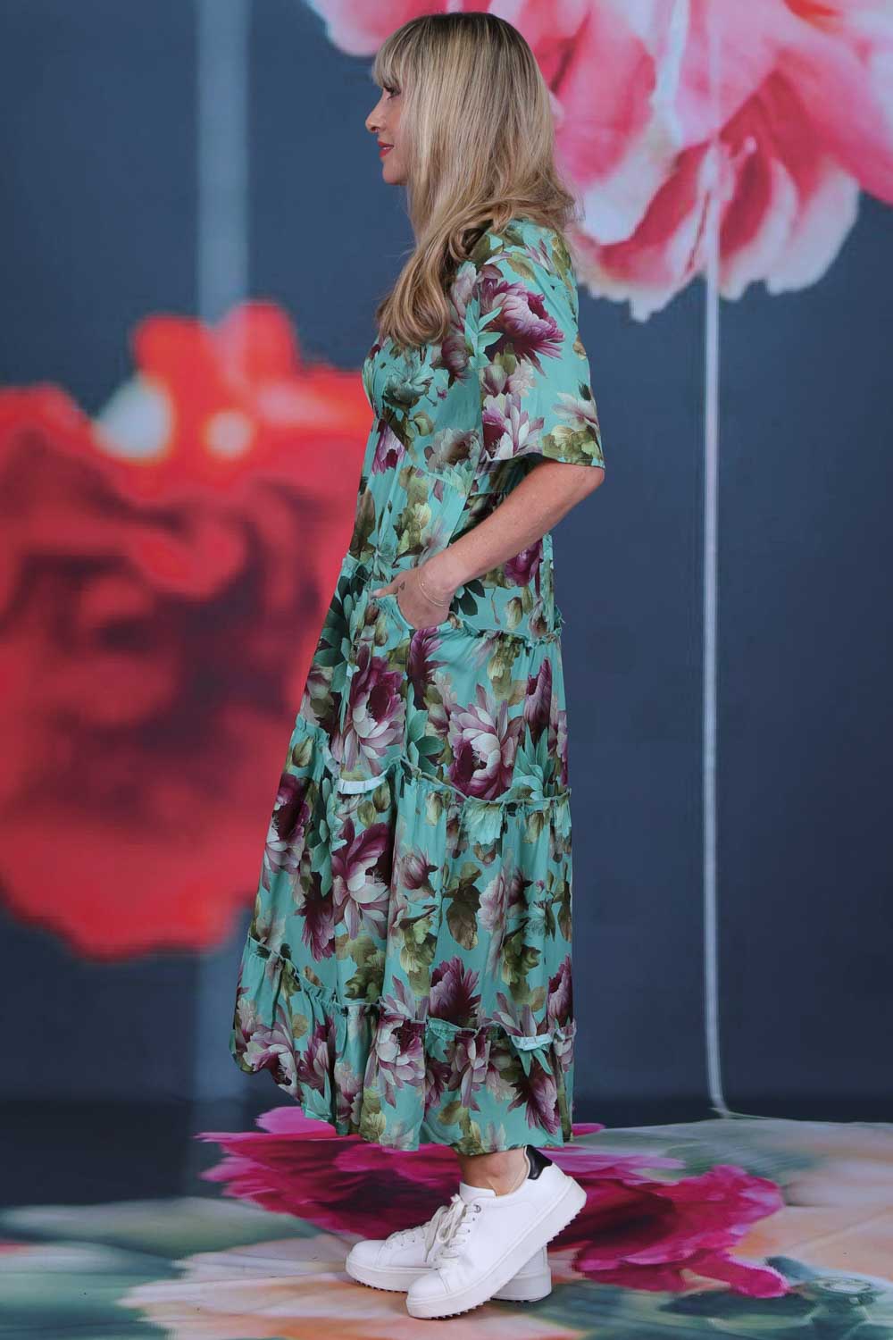 Pretty As A Picture Dress Garden Dragon by Annah Stretton – side view showing pocket detail, tiered midi length and flowing viscose silhouette