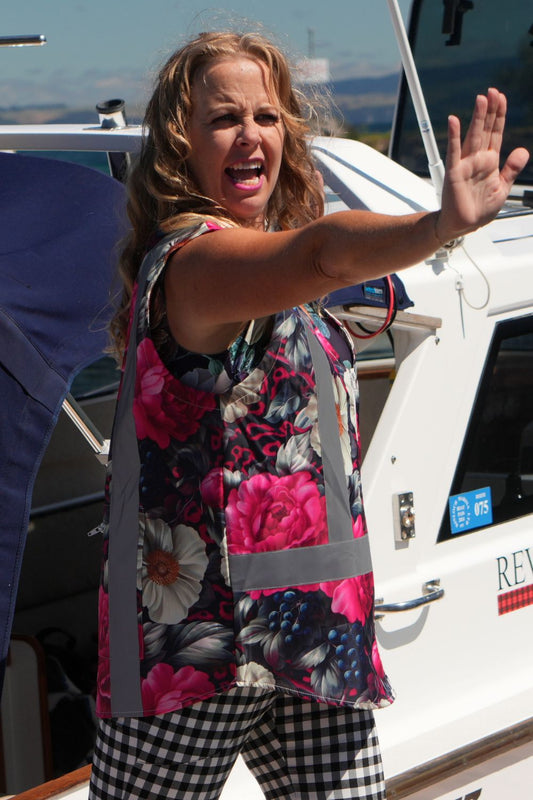 Annah Stretton floral hi vis vest reflective walking vest