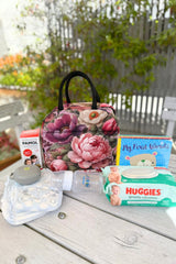 Insulated floral tote with exterior pocket