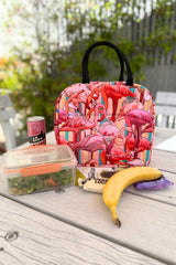Reusable lunch bag with pink flamingo design