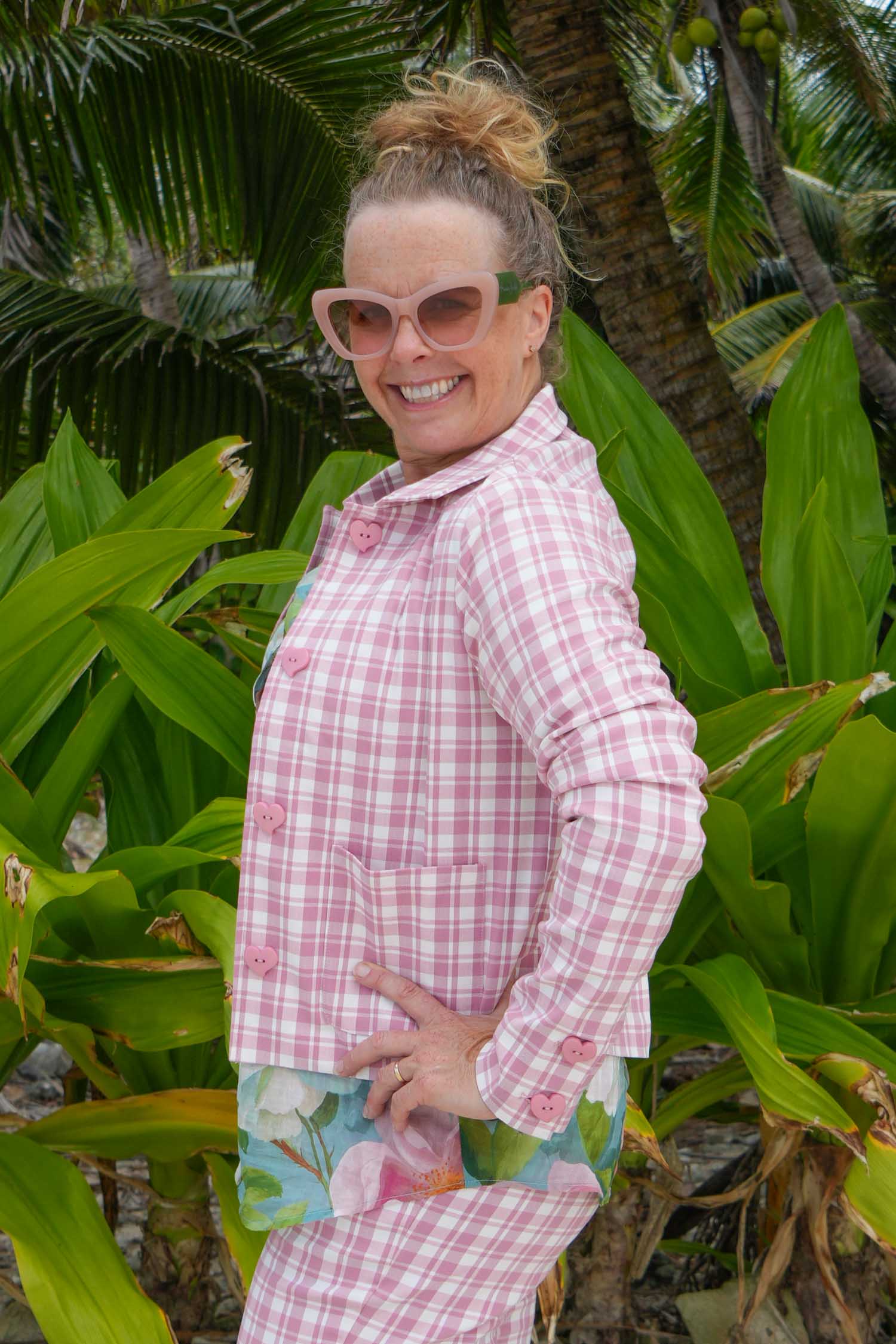 Cropped pink plaid denim jacket with heart buttons