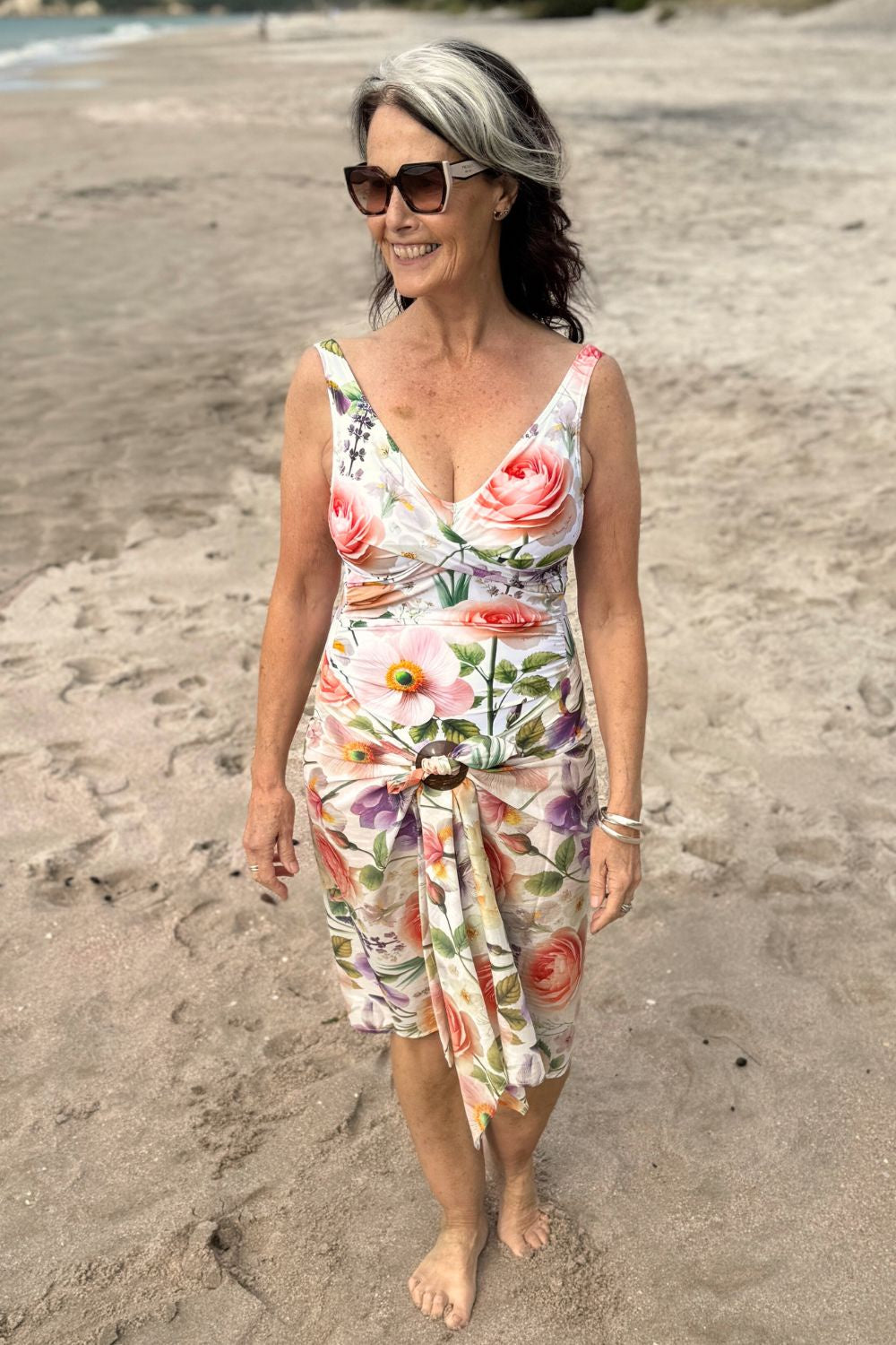 Styled on the beach in Layla Bather French Rose floral print