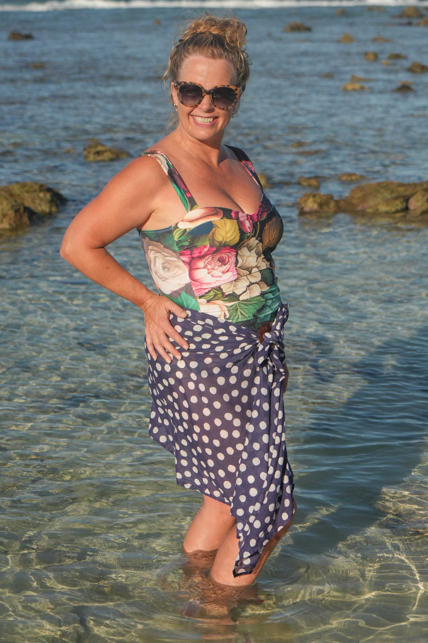 Side view Mickey Bather Navy Adoring Roses – floral swimwear Annah Stretton