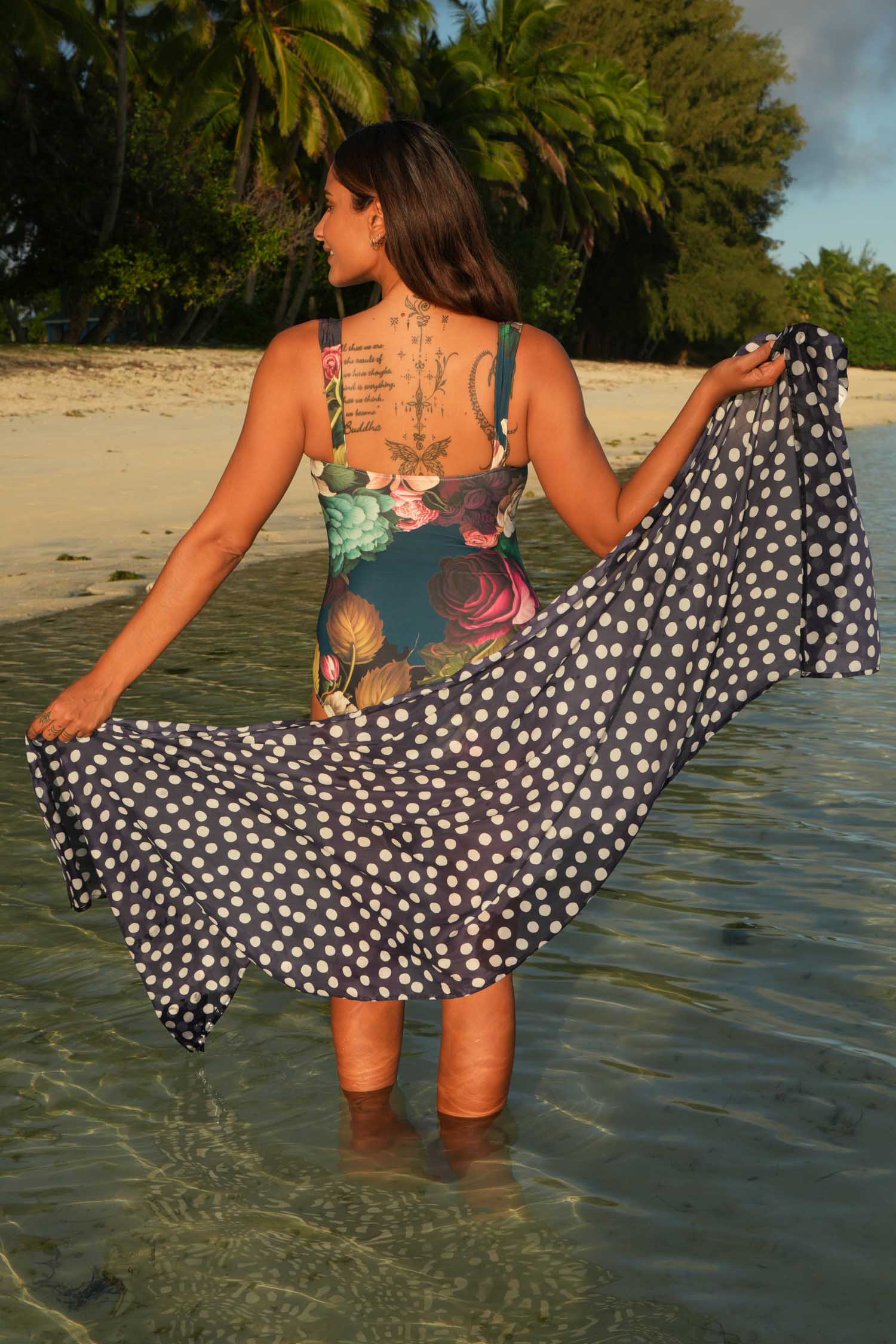 Back view Mickey Bather Navy Adoring Roses – NZ women’s swimwear
