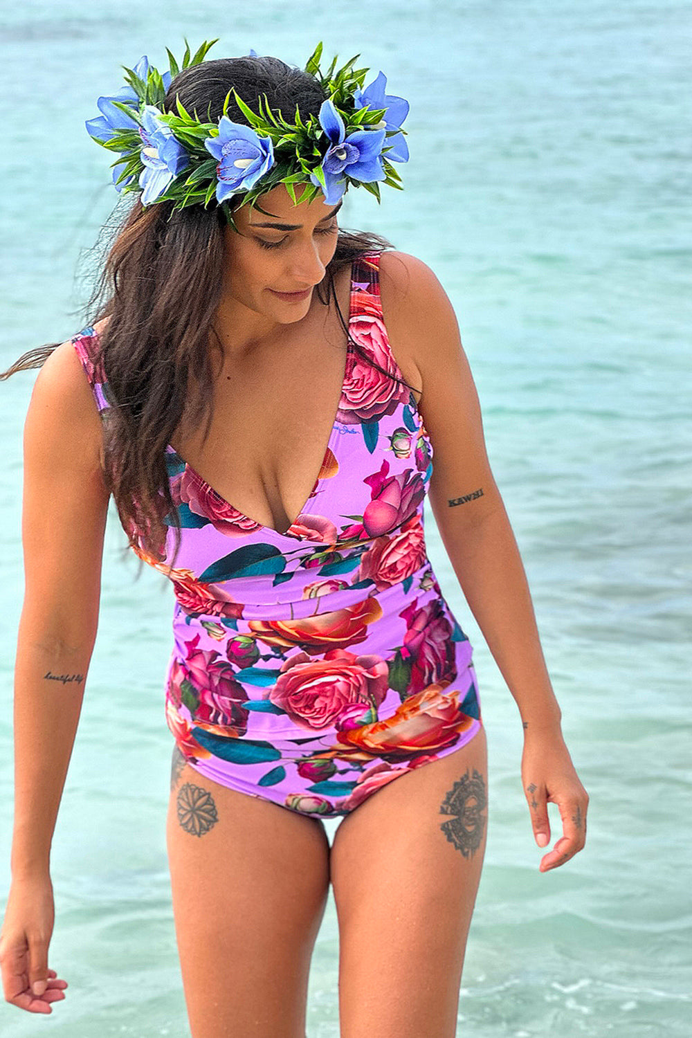 Model wearing Roses Tankini - Lilac by Annah Stretton