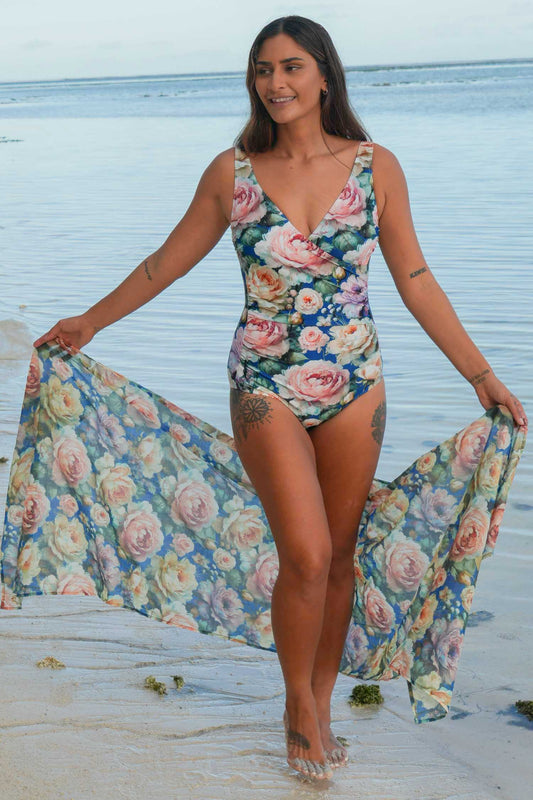 Front view Lily Bather Renoir’s Roses – NZ women’s floral one-piece swimsuit