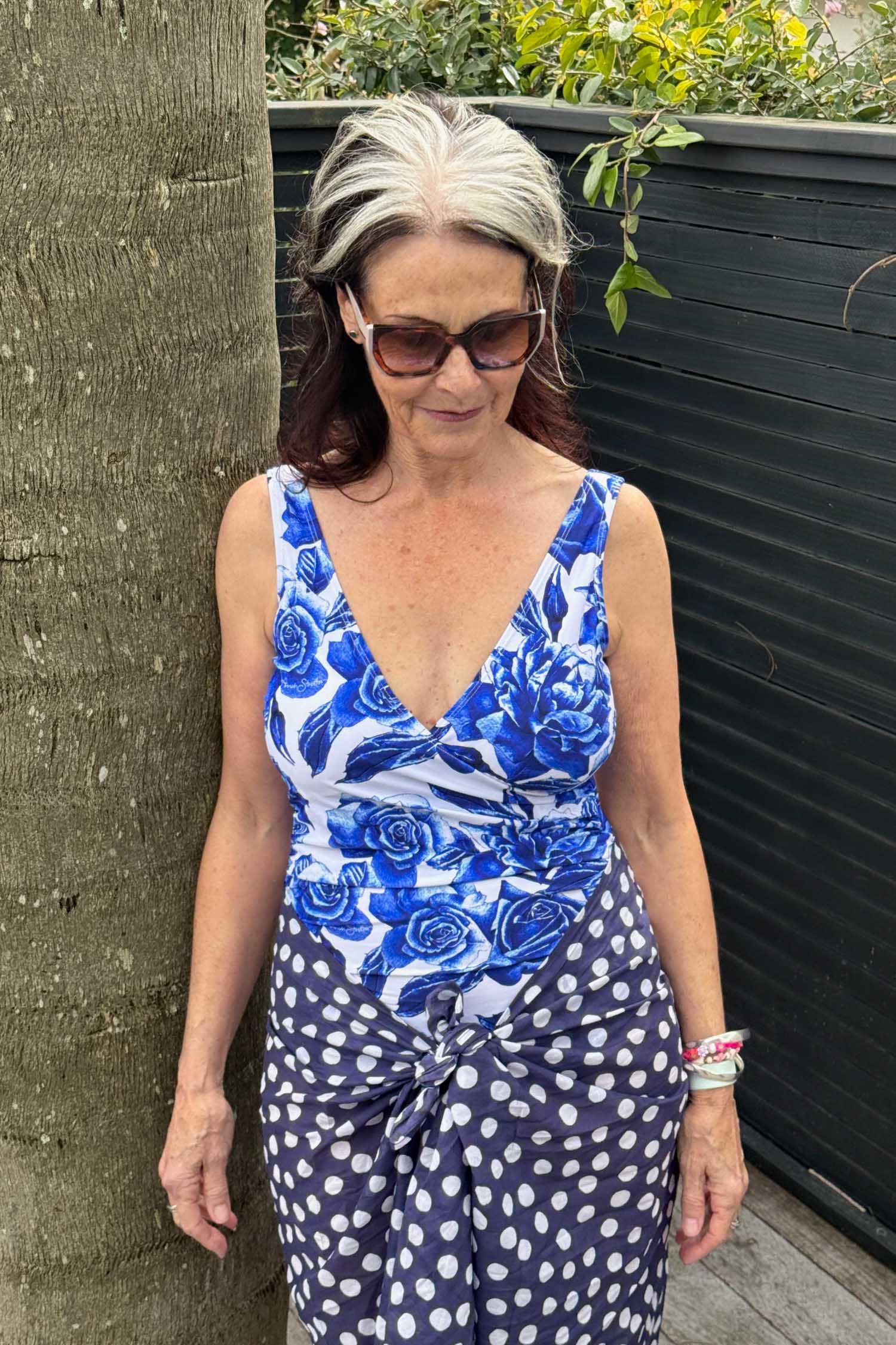 Front view Lily Bather Roses Are Blue – NZ women’s one-piece swimwear