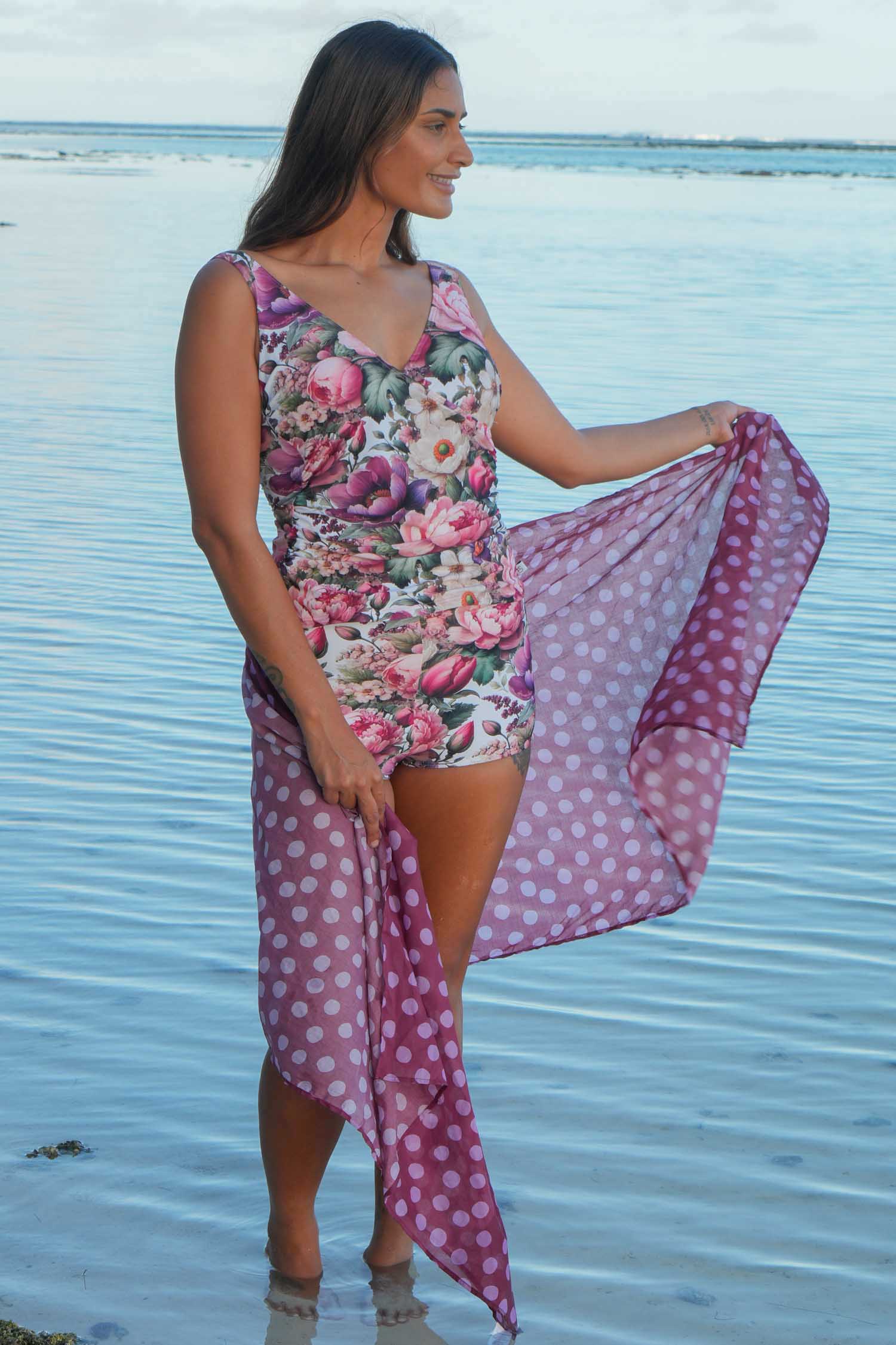 Lucy Tankini Petal Poem styled for beach or poolside look