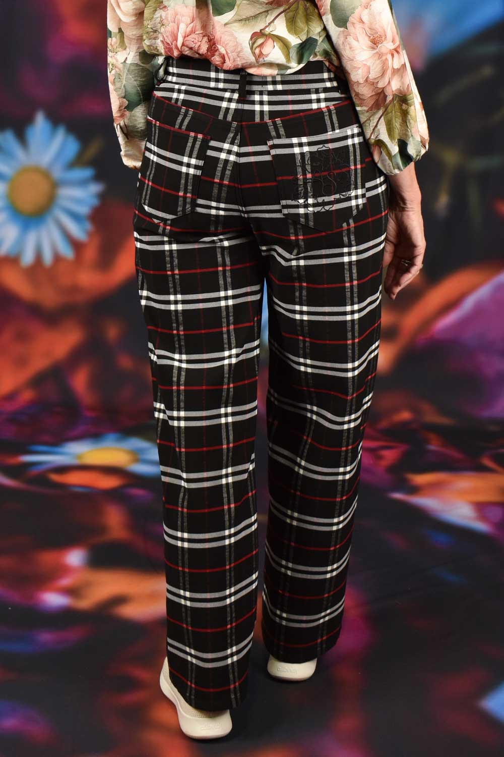 Black red plaid wide leg pants womens