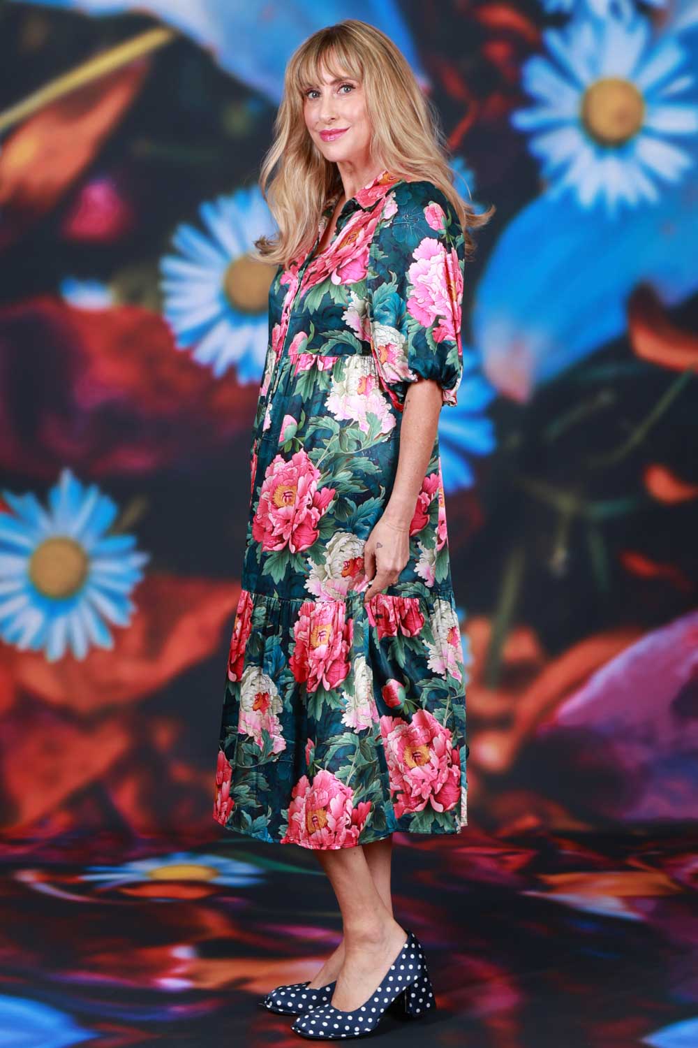 Cerise Peony button-up tiered dress