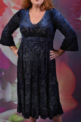 Close-up of the Annah Stretton Magic velvet dress in blue