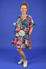Midnight Waltz cotton summer dress with structured sleeves