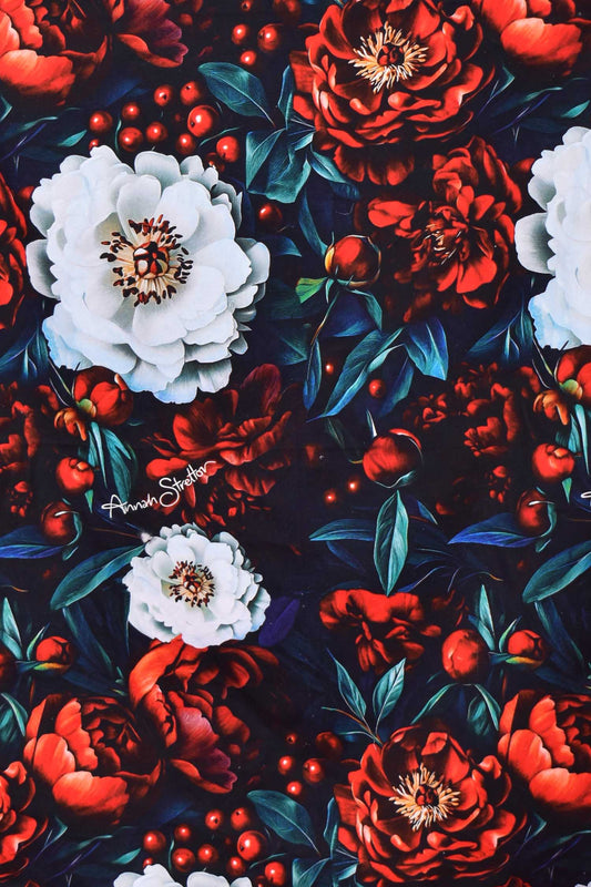 Close-up of absorbent Merry Bloom fabric – Annah Stretton print
