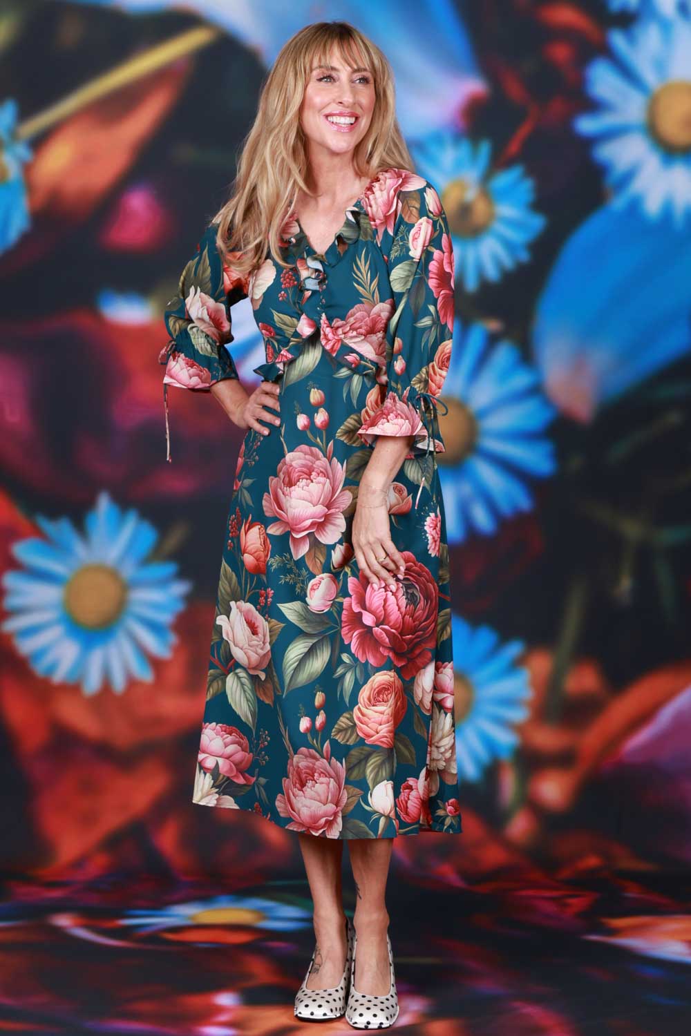 Ruffled neckline midi dress NZ designer