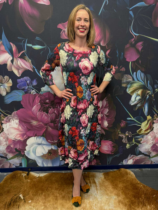 Front view Nancy Pleated Dress Floral Waltz – women’s floral dress