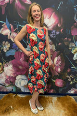 Front view Nancy Eve Pleated Dress Vintage Peonies – women’s sleeveless floral dress