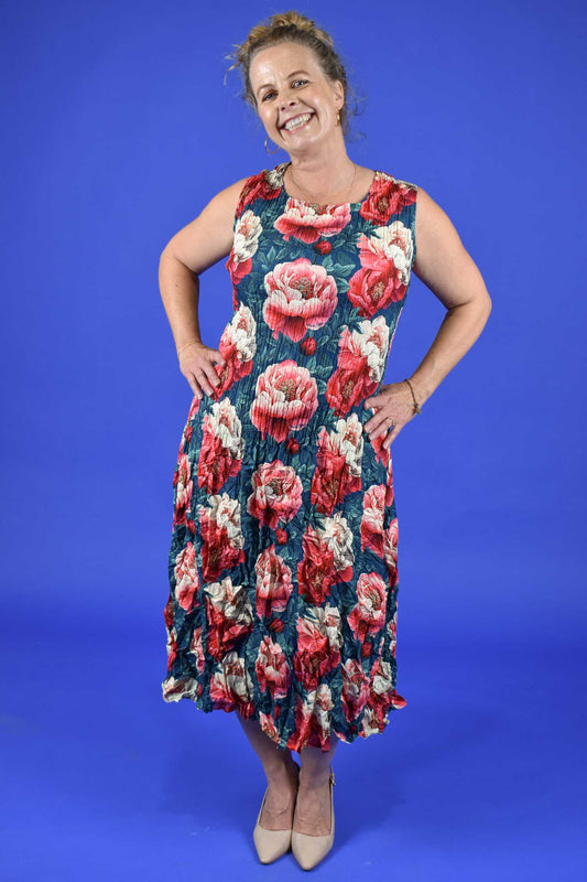 Front view Nancy Eve Pleated Dress Vintage Peonies – women’s sleeveless floral dress