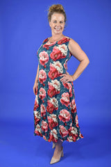 Front view Nancy Eve Pleated Dress Vintage Peonies – women’s sleeveless floral dress
