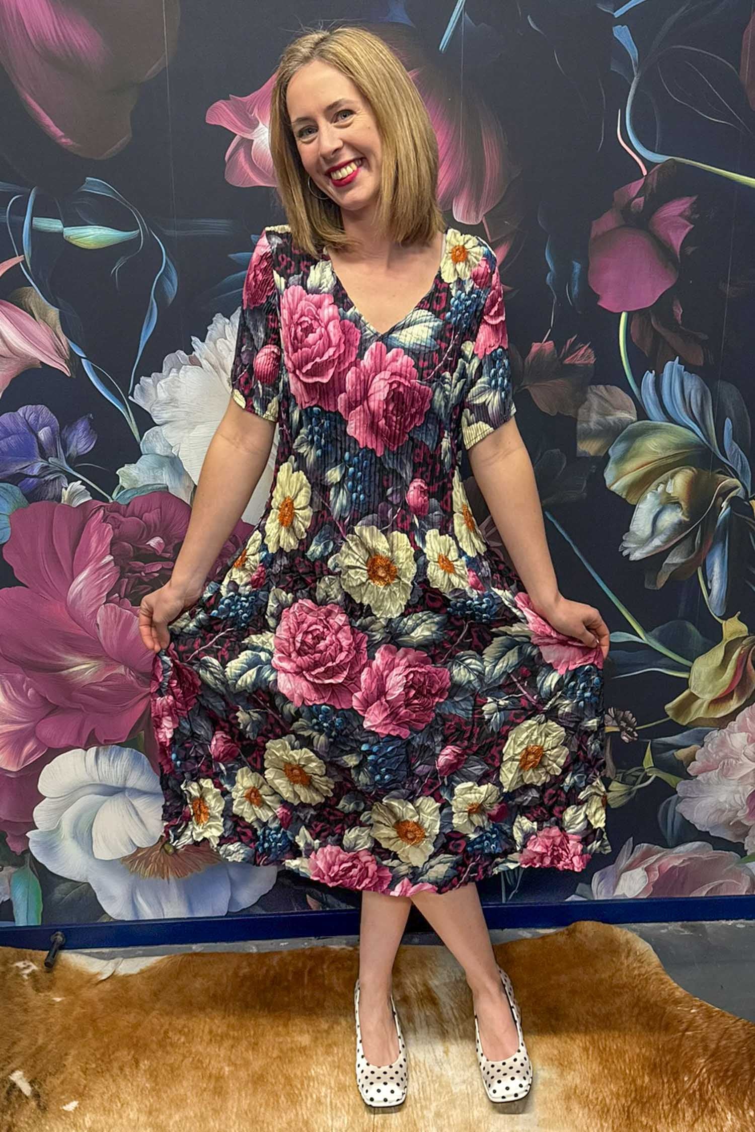Front view Nancy Ivy Pleated Dress Jungle Mulberry – NZ women’s floral dress