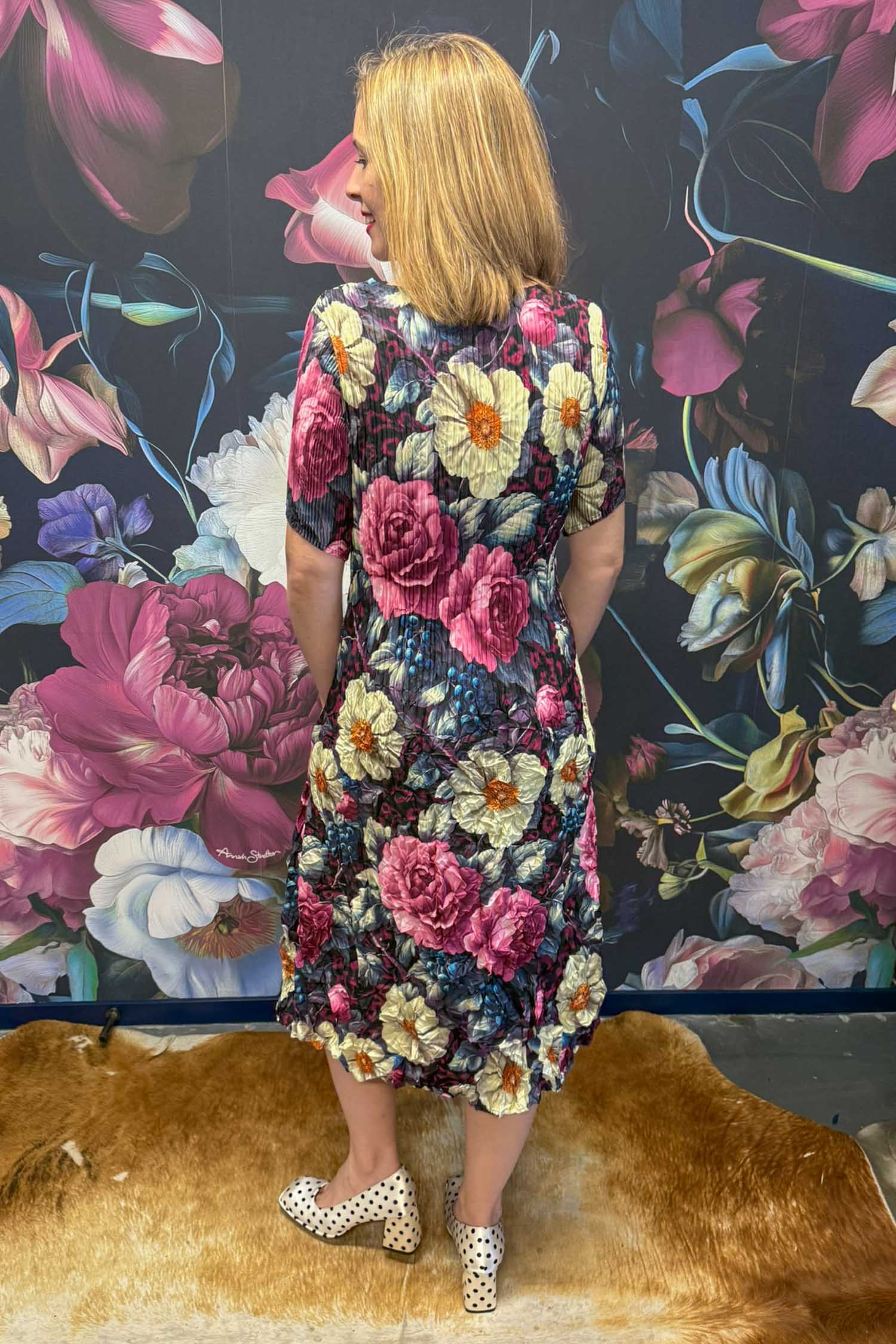 Back view Nancy Ivy Pleated Dress Jungle Mulberry – Annah Stretton floral dress
