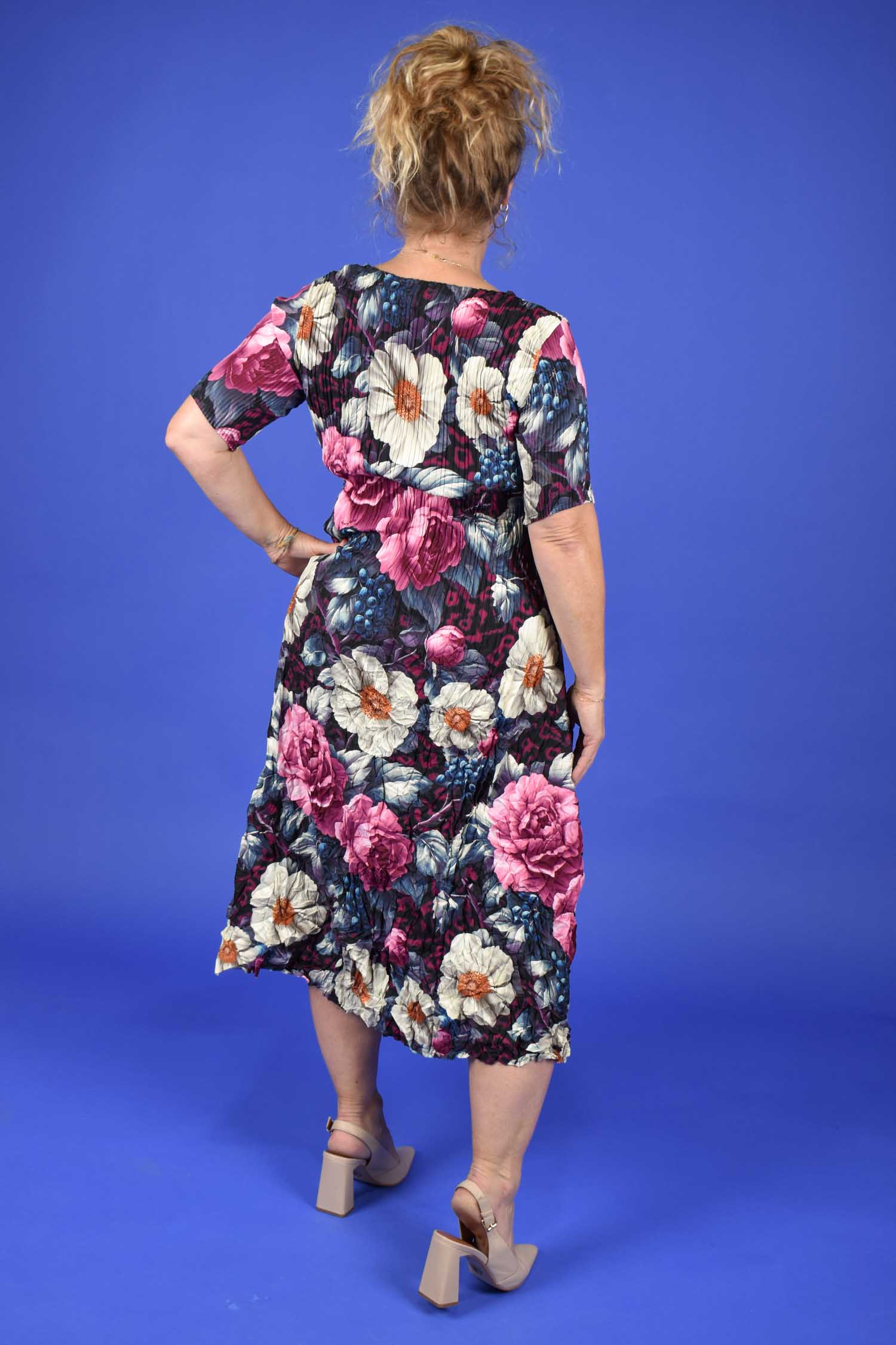 Back view Nancy Ivy Pleated Dress Jungle Mulberry – NZ women’s floral dress