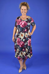 Front view Nancy Ivy Pleated Dress Jungle Mulberry – NZ women’s floral dress
