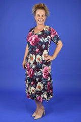Side view Nancy Ivy Pleated Dress Jungle Mulberry – NZ women’s floral dress