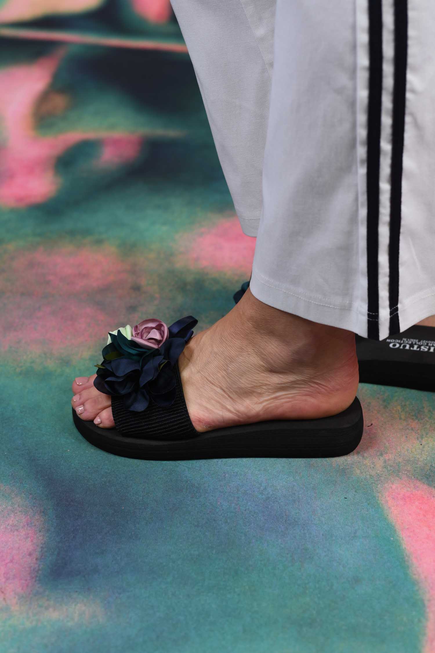 Navy Floral Statement Slides Black – women’s sandals with 3D rose blooms
