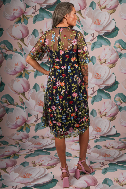 Navy floral embroidered lace dress