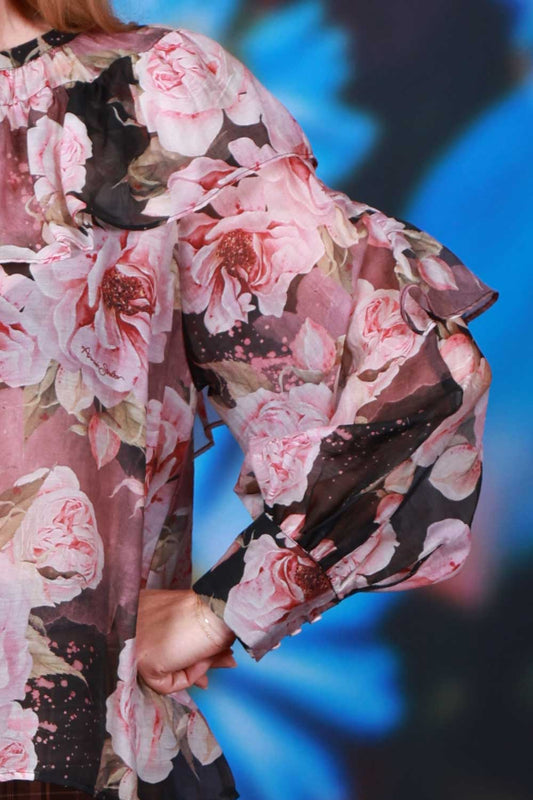 Black floral ruffle blouse womens