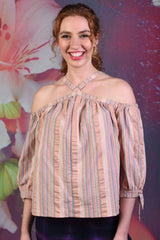 Model wearing the Annah Stretton George off the shoulder top