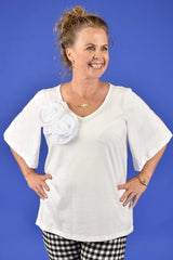 White summer cotton tee with elbow-length bell sleeves – everyday women’s top