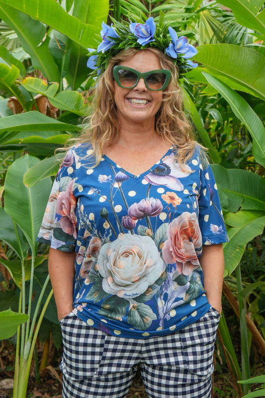 Blue floral and polka dot cotton T shirt