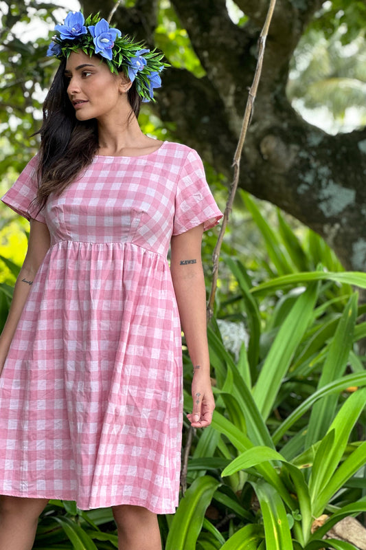 Saski Amber Linen Dress - Pink Plaid