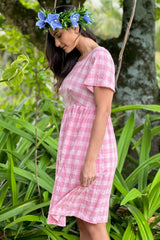 Model wearing Saski Amber Linen Dress | Pink Plaid | Annah Stretton