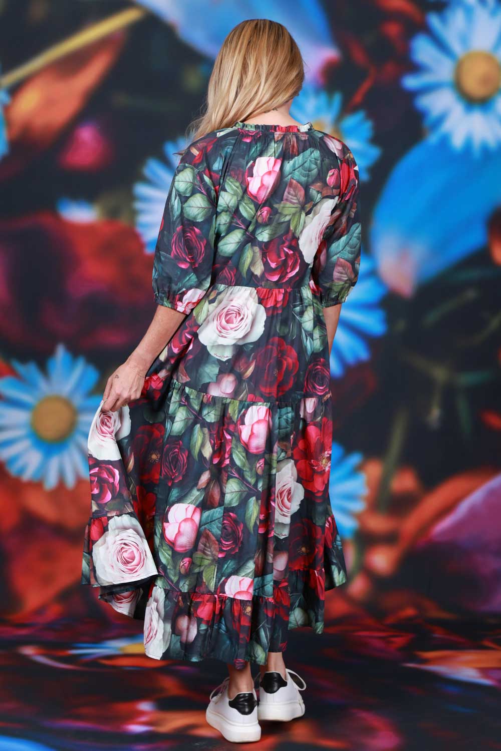 Mid length cotton dress Winter Rose print