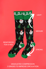Graduated compression socks with Christmas design on a red background