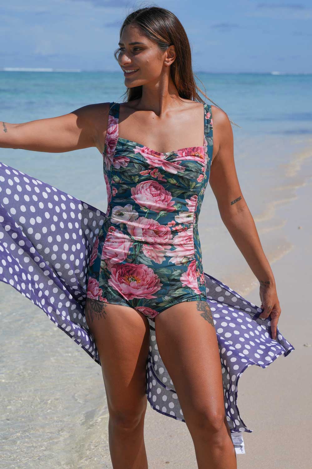 Whispering Petals Gracie Bather with feminine botanical print, stretch fabric and supportive design