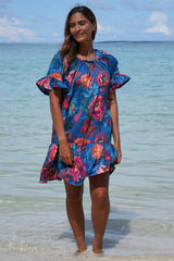 Maisey Dress Roaring Bloom floral cotton dress with V neckline and side pockets by Annah Stretton