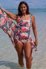 Erika Bather Vintage Peonies Annah Stretton – back view showing open back construction and Vintage Peonies floral print, styled with flowing matching chiffon wrap at beach