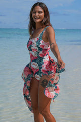 Erika Bather Vintage Peonies Annah Stretton – front angled view showing square neckline, vertical front ruching, classic brief cut, and oversized peony print, styled with matching wrap at beach
Erika Bather Vintage Peonies