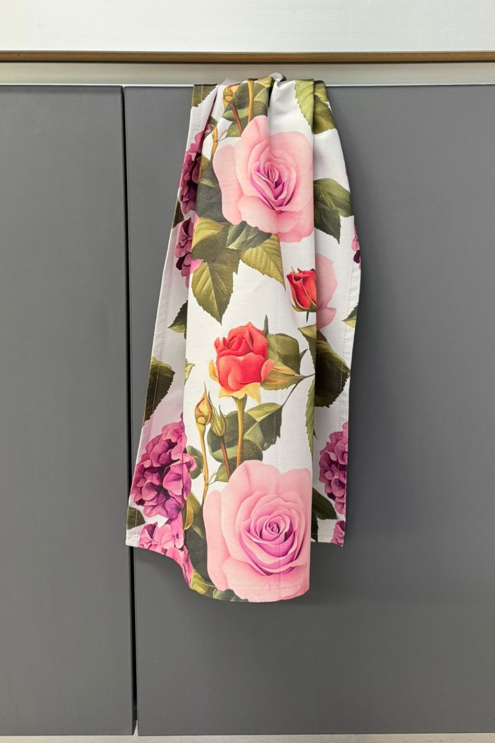 Love in the Mist tea towel styled in kitchen – Annah Stretton design